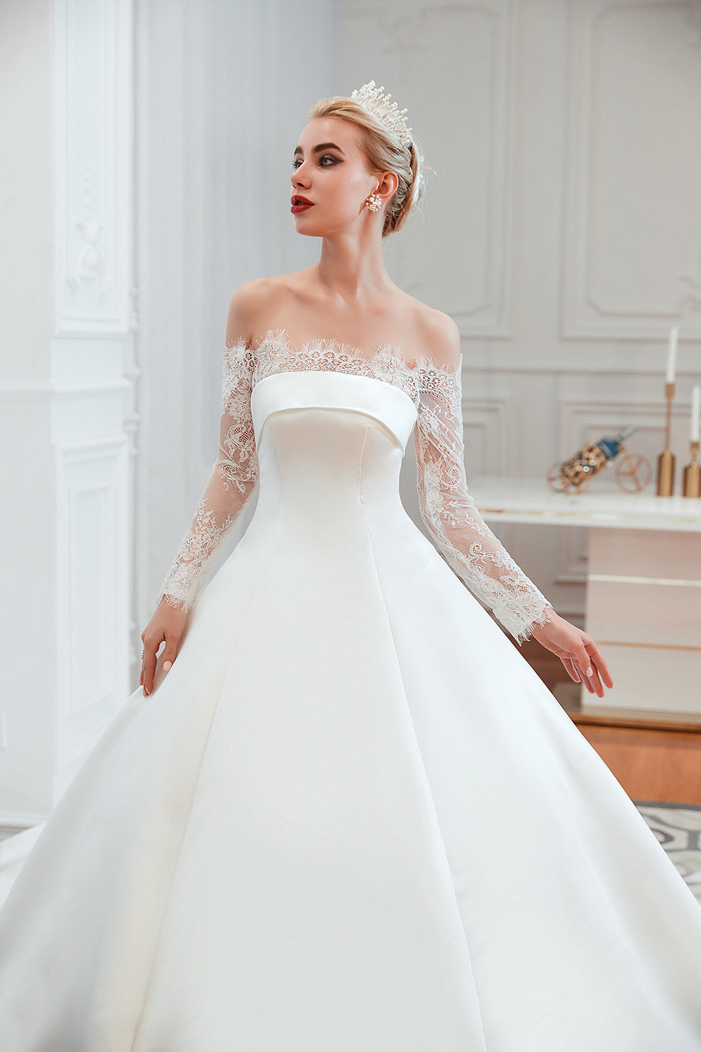 Elegant A-Line Satin Wedding Dress with Off-the-Shoulder Lace Long Sleeves