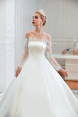 Elegant A-Line Satin Wedding Dress with Off-the-Shoulder Lace Long Sleeves