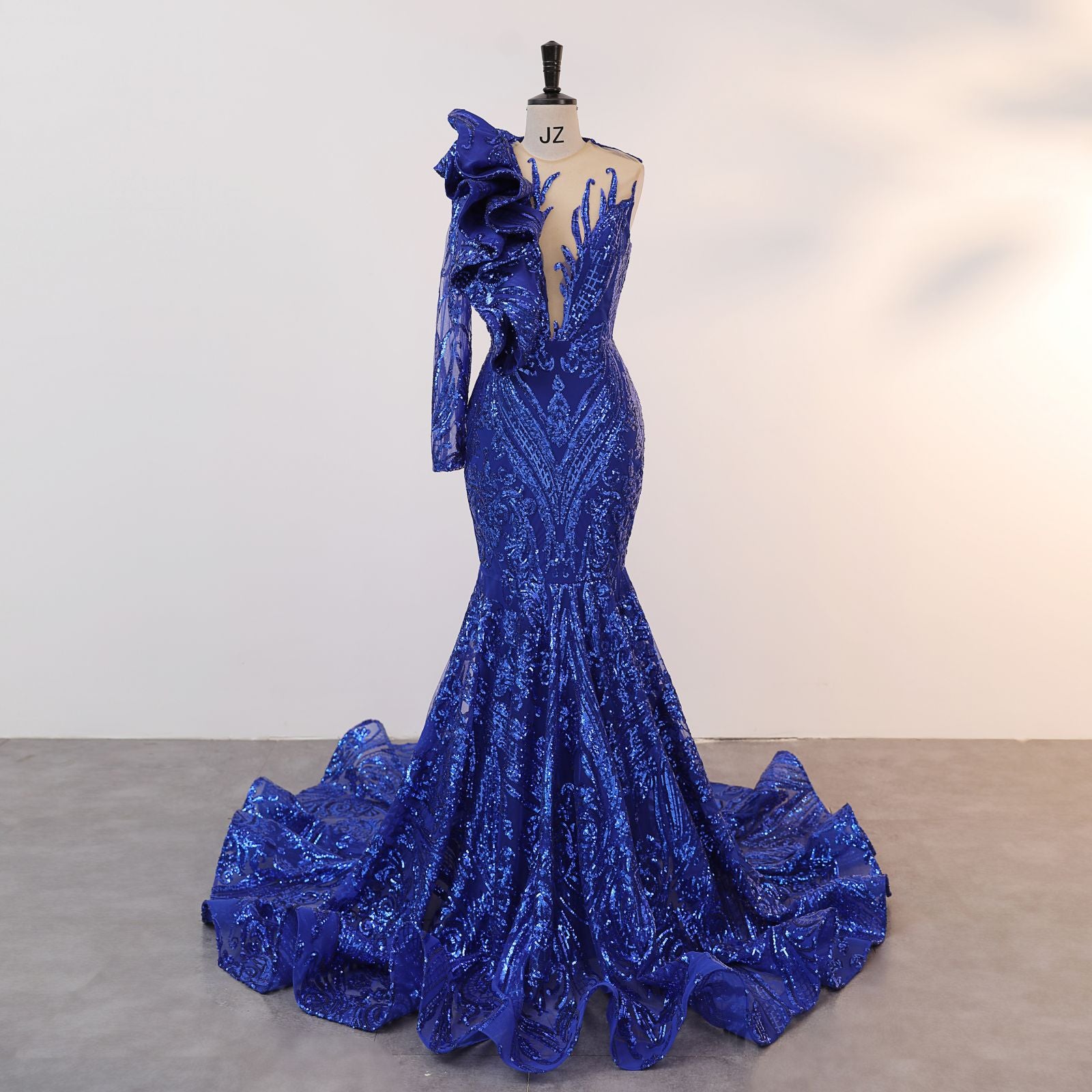 Classic One Shoulder Long Sleeves Prom Dress Mermaid Sequins With Ruffles