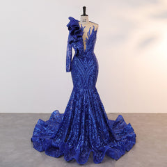 Classic One Shoulder Long Sleeves Prom Dress Mermaid Sequins With Ruffles