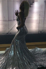 Classic Deep V-Neck Sleeveless Sequins Prom Dress Mermaid