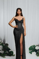 Gorgeous Red V-Neck Sequin Mermaid Prom Dress Sleeveless High Split