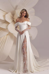 Elegant White Satin Off-the-Shoulder Gown with Long Sleeves and Lace Split