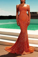 Classy Orange Off-the-Shoulder Prom Dress Mermaid With Sequins Beads