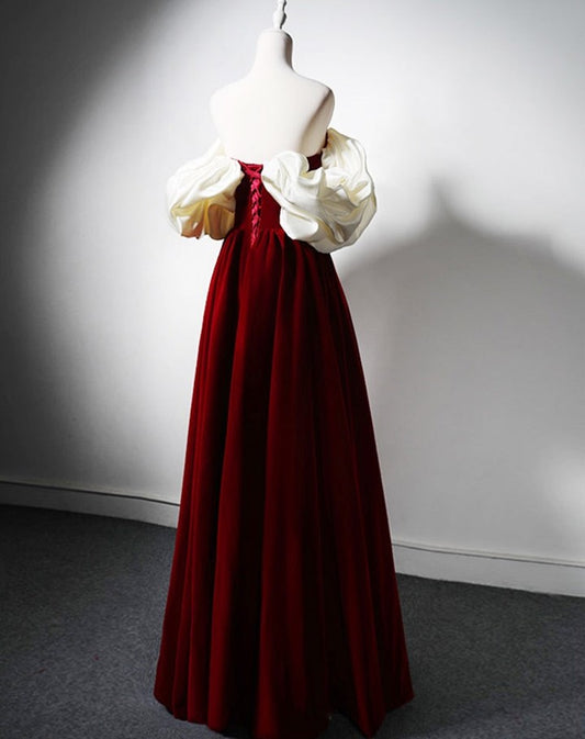 Burgundy Off-the-Shoulder Sweetheart Prom Dress with Beadings