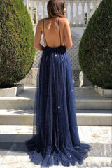 Dark Navy Spaghetti-Straps Sequins Prom Dress Long Party Gowns