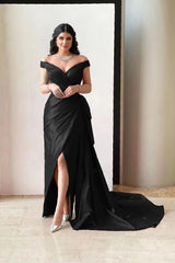 Gorgeous Fuchsia Off-the-Shoulder V-Neck Split Prom Dress with Pleated