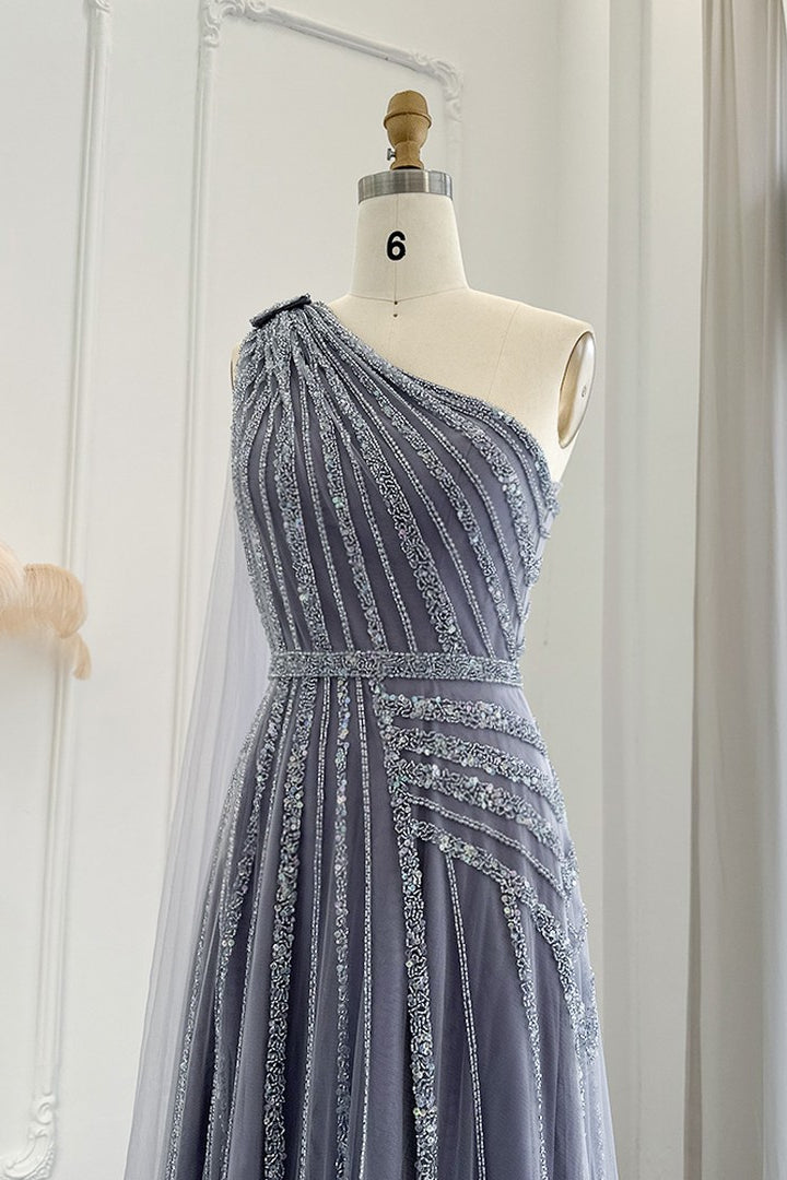 Charming Grey One Shoulder Beadings Prom Dress Tulle Long