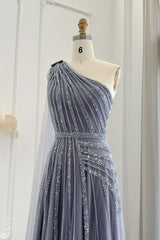 Charming Grey One Shoulder Beadings Prom Dress Tulle Long
