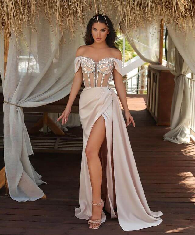 Glorious Off-the-Shoulder Long Prom Dress Slit Long With Beads