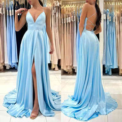 Gorgeous Sky Blue Spaghetti-Straps V-Neck A-line Prom Dress With Split