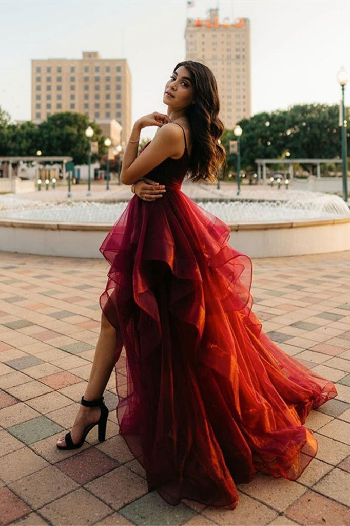 Burgundy Spaghetti-Straps Prom Dress Ruffles