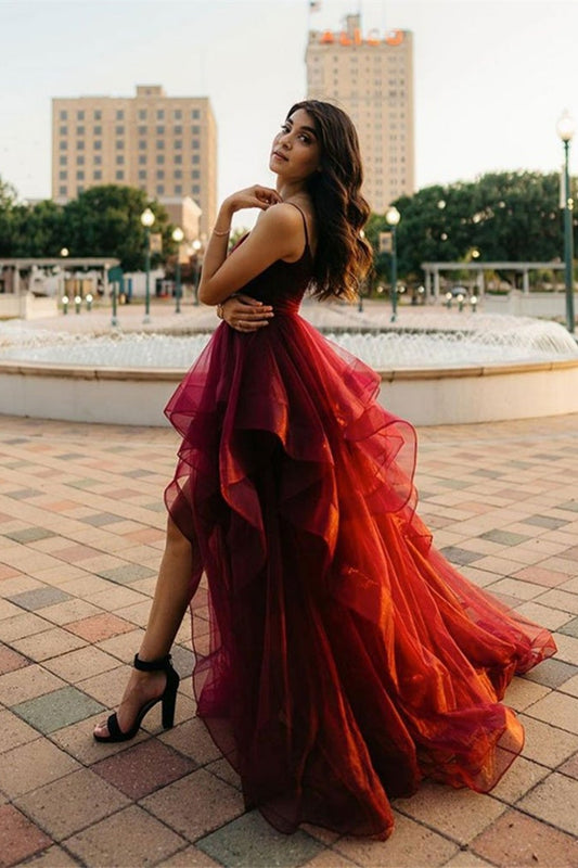 Burgundy Spaghetti-Straps Prom Dress Ruffles