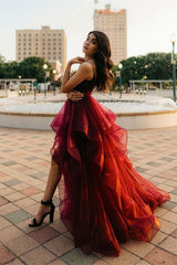 Burgundy Spaghetti-Straps Prom Dress Ruffles