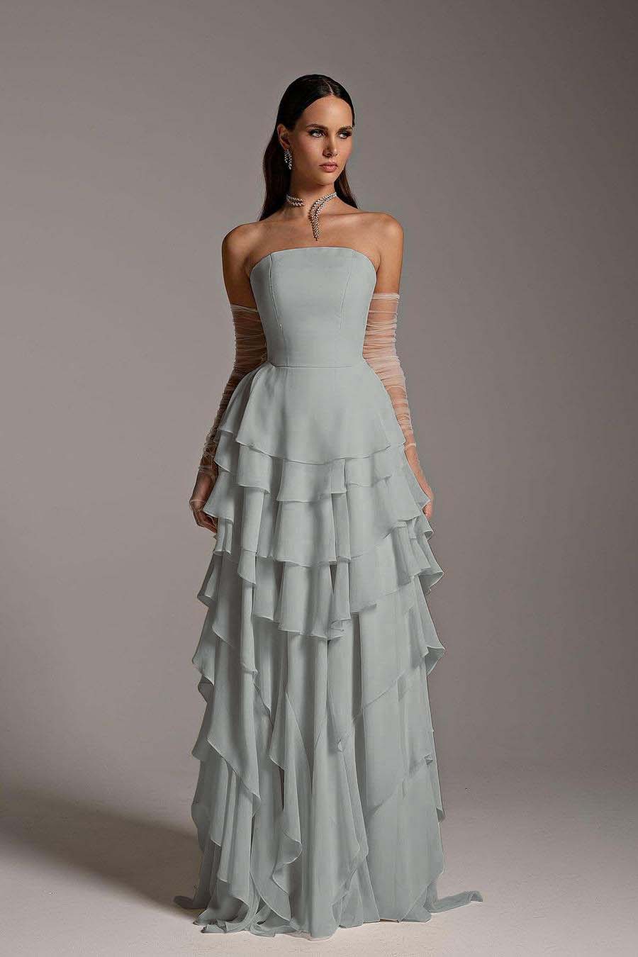 Charming Strapless Sleeveless Square Ruffles Long Prom Dress With Gloves