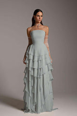 Charming Strapless Sleeveless Square Ruffles Long Prom Dress With Gloves