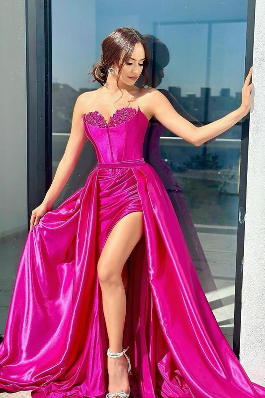 Fabulous Fuchsia Sweetheart Mermaid Prom Gown Sleeveless With Split Beadings Overskirt