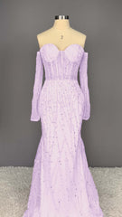 Heavy Champagne Prom Dress Sweetheart Long Sleeves Strapless Beads Mermaid Tulle