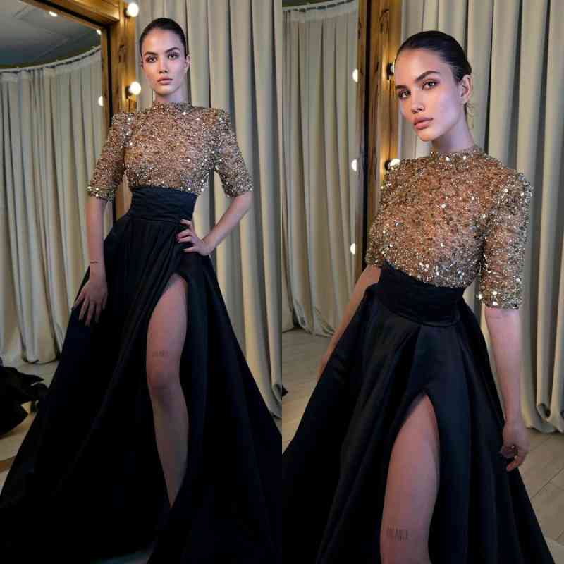 Black And Champagne Prom Dress Long Sleeves Mermaid Slit