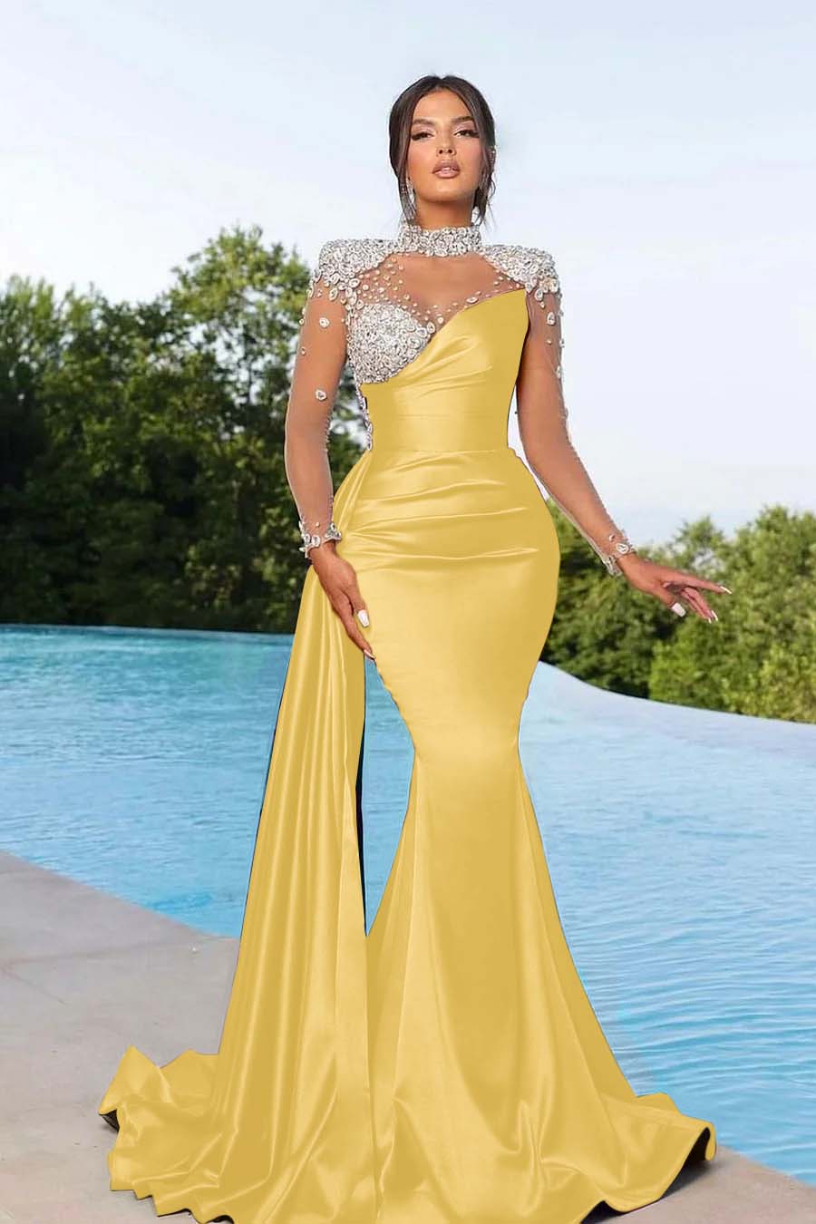 Purple Prom Dress Long Mermaid Satin With Trail Beadings Long Sleeves