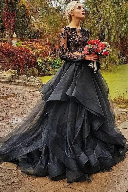 Elegant Black Two-Piece Long Sleeve Wedding Gown in Tulle and Lace