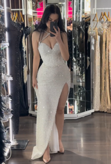 New Arrival White Halter Pearls Prom Dress Mermaid High Split With Sequins