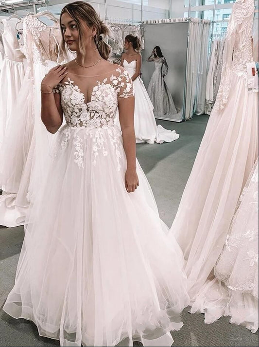 Elegant Bateau Neckline Short Sleeve Floor-Length Tulle A-Line Bridal Gown Featuring Lace Appliques