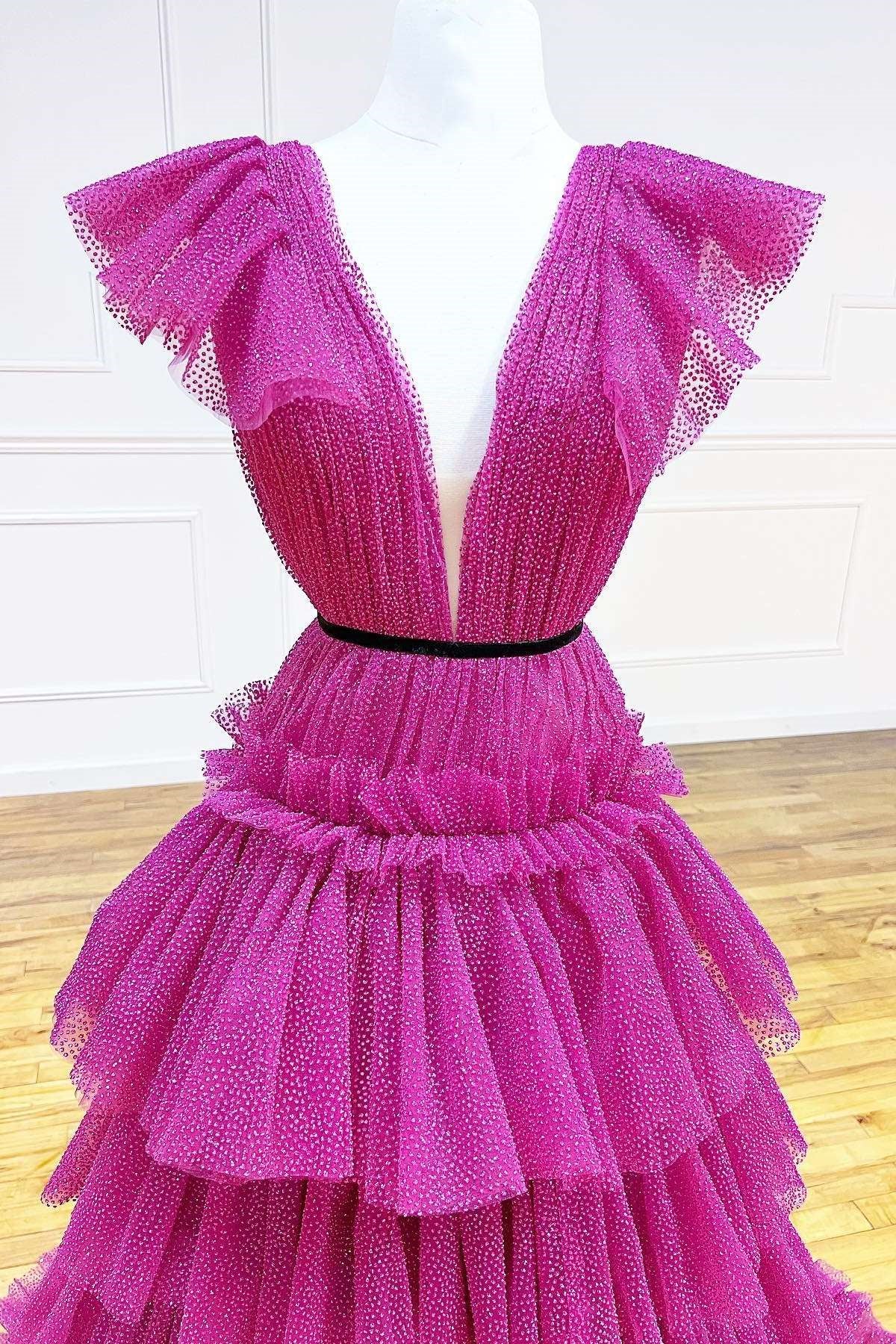 Gorgeous Hot Pink V-Neck Sleeveless A-Line Prom Dress With Tulle Layers