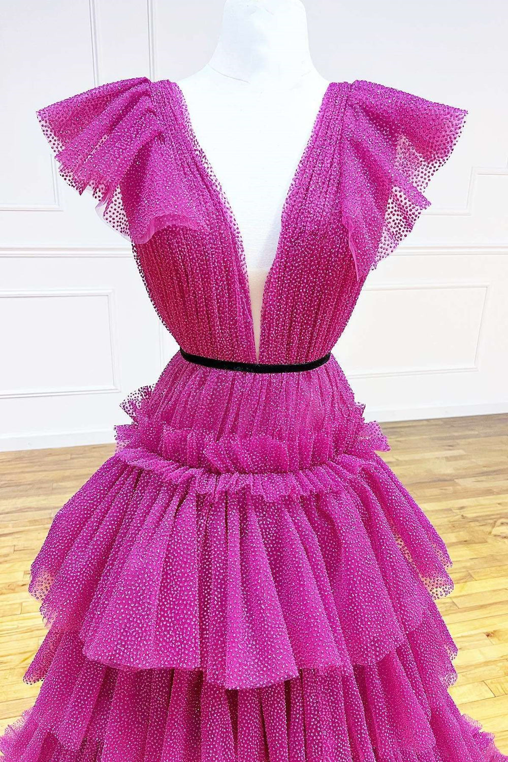 Gorgeous Hot Pink V-Neck Sleeveless A-Line Prom Dress With Tulle Layers