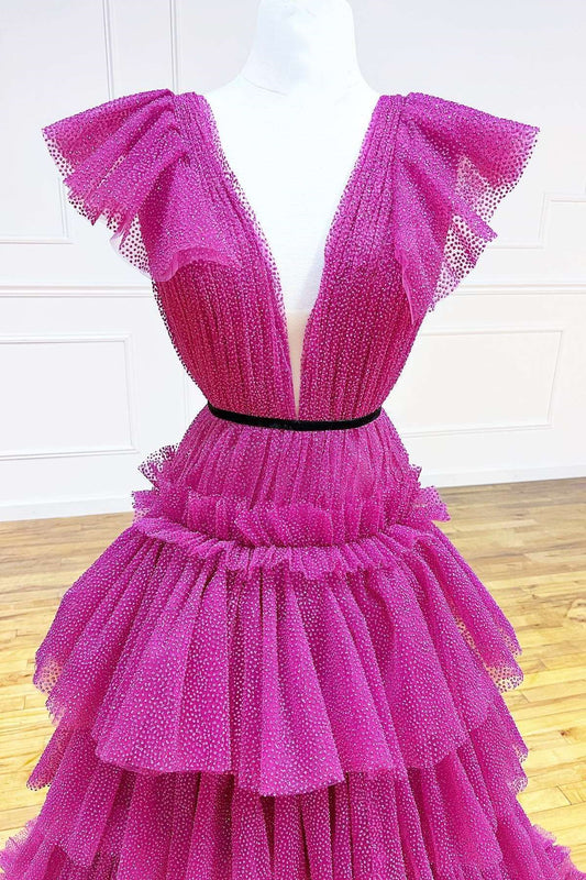 Gorgeous Hot Pink V-Neck Sleeveless A-Line Prom Dress With Tulle Layers