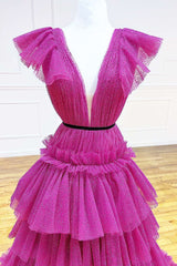 Gorgeous Hot Pink V-Neck Sleeveless A-Line Prom Dress With Tulle Layers