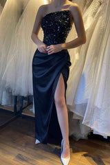 New Arrival Black Strapless Prom Dress Split Long With Sequins Sleeveless