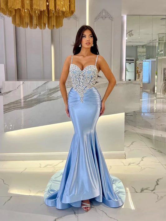 Baby Blue Mermaid Prom Dress Long Sweatheart Sleeveless with Beads