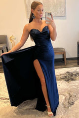 Modern Navy Blue Sweetheart Mermaid Prom Dress Pleats With Split Appliques