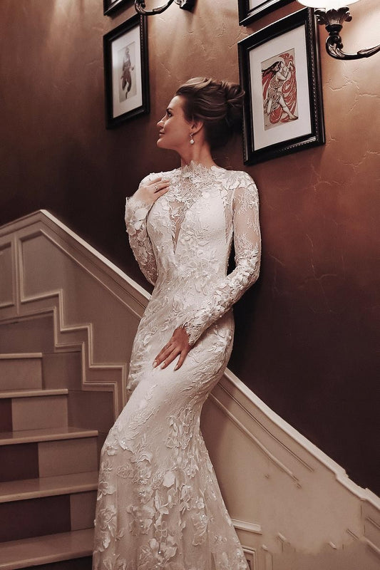 Elegant Backless Mermaid Wedding Gown with Vintage High Neck, Long Sleeves, and Lace Appliques