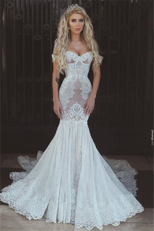 Sweetheart Lace Wedding Dress with Lace-up Back and Off-the-Shoulder Mermaid Style