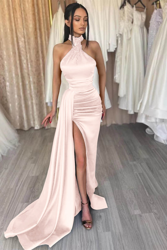 Dark Green High Neck Split Evening Dress Mermaid Beadings with Ruffles
