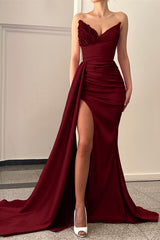  Pink Beaded V-Neck Mermaid Prom Dress with Long Slit and Ruffles