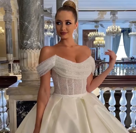 Elegant Off-The-Shoulder Satin Bridal Gown with Sequins