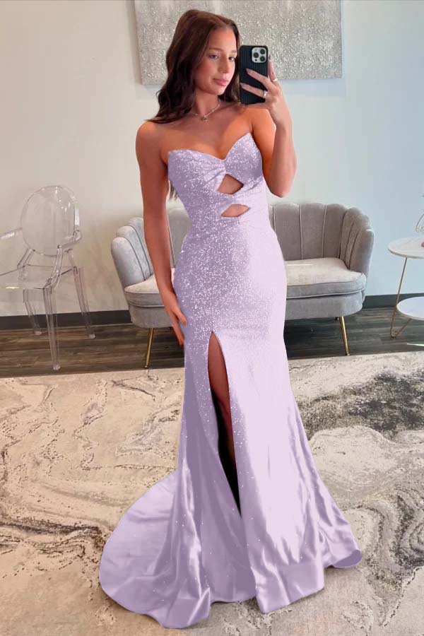 Fuchsia Sleeveless Strapless V-Neck Beaded Split Prom Dress