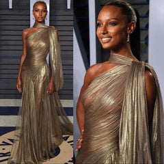 Dark Golden Tulle Prom Dress Long One Shoulder Pleated Sleeveless