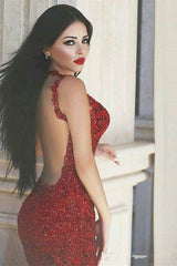 Gorgeous Burgundy Lace Appliques Prom Dress Mermaid Party Gowns