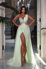 Green Heavy Sequins Prom Dress Sleeveless One Shoulder with High Slit