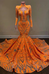 Gorgeous Orange High-Neck Long Sleeves Prom Dress Mermaid Sequins