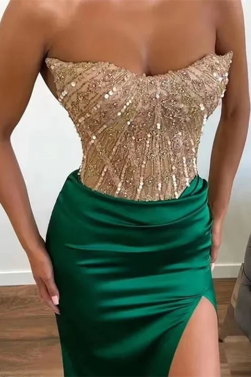  Dark Green Beaded Mermaid Prom Dress Strapless Slit Sequins Gown