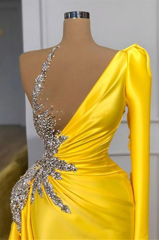 Amazing Yellow long Sleeves Mermiad Prom Dress With Beadings
