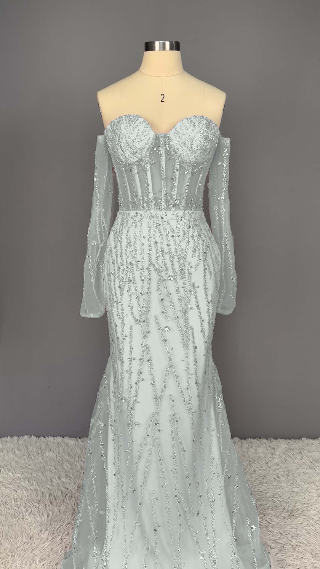 Heavy Champagne Prom Dress Sweetheart Long Sleeves Strapless Beads Mermaid Tulle
