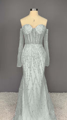 Heavy Champagne Prom Dress Sweetheart Long Sleeves Strapless Beads Mermaid Tulle