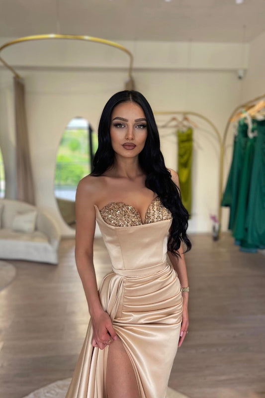 Modern Champagne Sweethear High Slit Prom Dress Mermaid With Sequins Ruffle