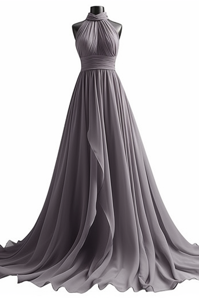 Pink Chiffon Prom Dress Halter Sleeveless Long Pleated